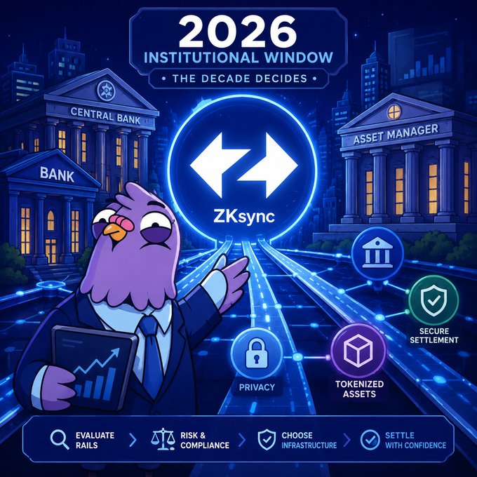 The image features a cartoon bird dressed as a businessman, holding a book titled "ZKSync" and pointing towards a blue circle with an arrow inside of it. The background shows buildings and a city skyline, suggesting that this campaign might be related to real-world events or issues in the financial world. The post encourages users to participate by sharing two articles about the ZKsync campaigns on social media platforms for $3,000.