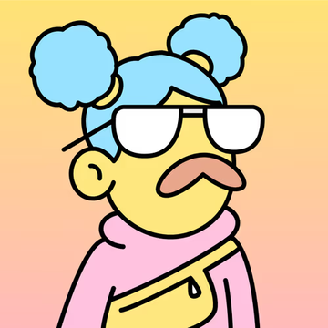 A cartoon illustration of a stylized character with blue hair in double buns, white sunglasses, and a prominent mustache, wearing a pink and yellow outfit against a gradient background.