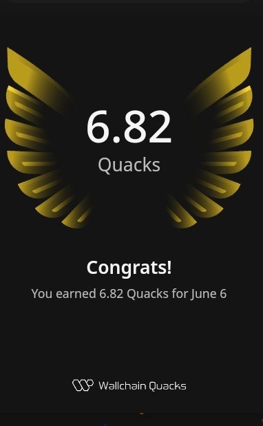 The image shows an email or social media post from Wallchain Quacks, congratulating users for their small actions of leaving thoughtful quack posts on a strong post. The post highlights that even small actions can help valuable information reach a wider audience. It also mentions that the user has earned 6.82 Quacks for their efforts in June.