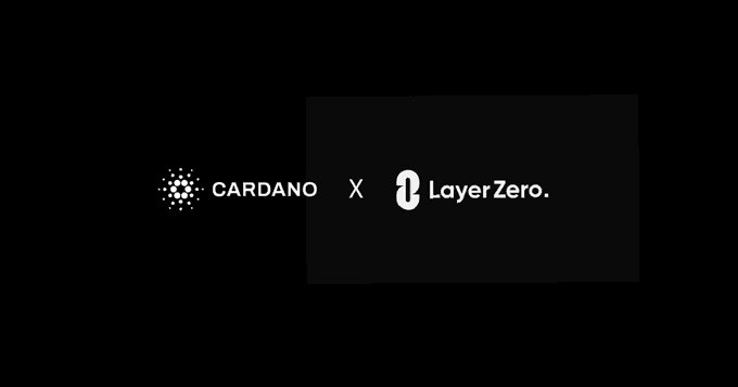 The image features a black background with white text, including the words "Cardano" and "LayerZero", as well as the numbers "0" and "1". The text also includes an announcement about the integration of LayerZero into Cardano, stating that "Cardano is no longer going to be an isolated ecosystem!".