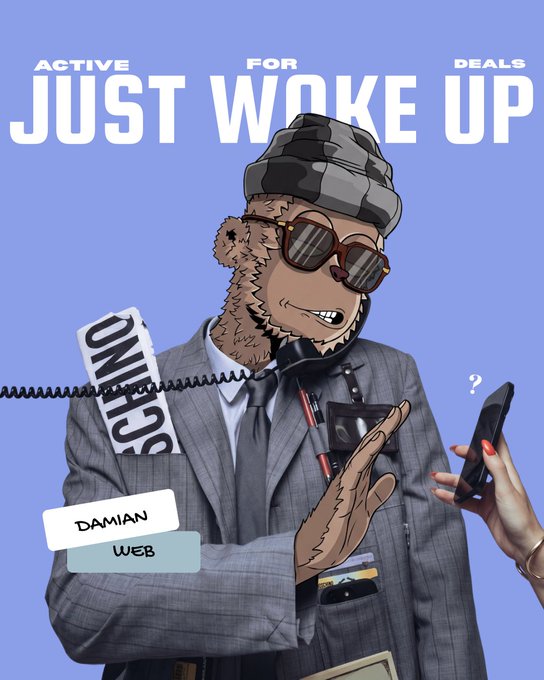 A digital illustration titled 'ACTIVE FOR DEALS JUST WOKE UP' featuring an anthropomorphic character in a suit, sunglasses, and camo hat holding a 'SCAMS' sign, with another hand offering a smartphone, labeled 'DAMIAN WEB'.