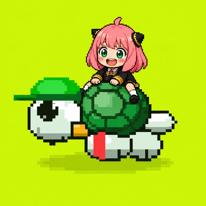 A pixel art image featuring the chibi anime character Anya Forger (with pink hair and black horns) riding on the back of a green-shelled turtle against a lime green background, matching the "ROBINHOOD TURTLES" hand-pixeled PFP series.