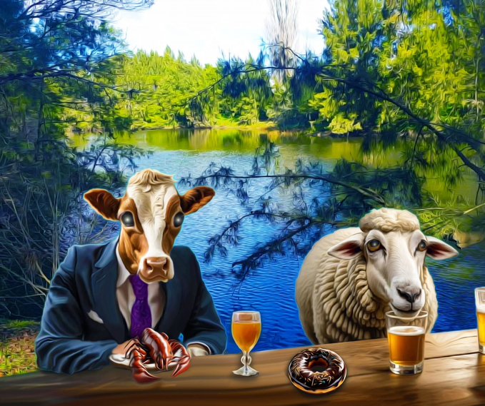 A surreal AI-generated image of a cow in a business suit and a sheep sitting at a table with beer glasses, lobster, and donuts by a serene lake surrounded by trees.