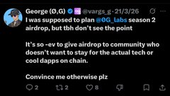 The image shows an advertisement posted on social media for a free airdrop service from George (O.G.). The post features an illustration of George and a tweet from him, indicating that he is offering this service to people. He uses two terms in the caption: "airdrop" and "chains", referring to airdrop and chain protocols respectively. The image also includes a description of a hashtag, likely @0G_labs, which may be related to George (O.G.)'s campaign or the actual free airdrop service he is promoting.