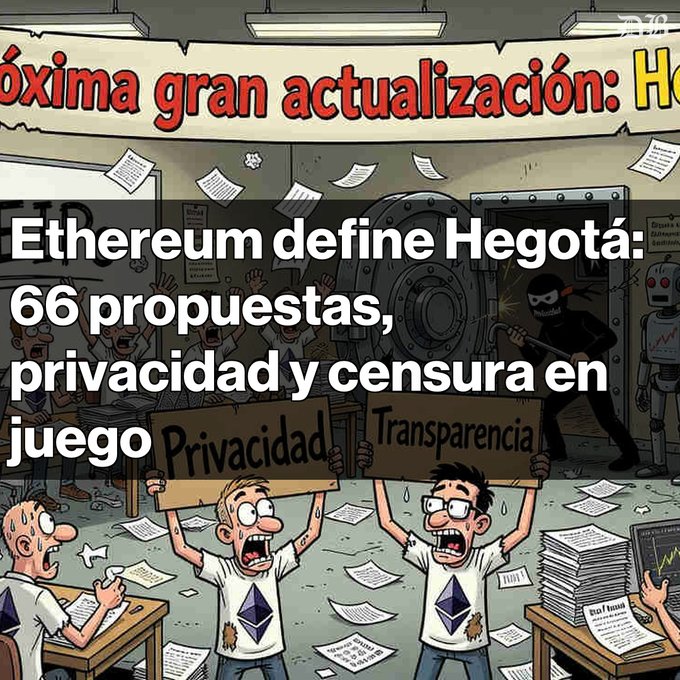 A Spanish-language cartoon illustration overlaid with text announcing 'Ethereum define Hegotá: 66 propuestas, privacidad y censura en juego', depicting protesters holding signs demanding 'Privacidad' and 'Transparencia'.