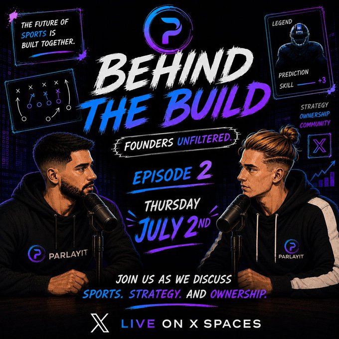 A promotional graphic for 'Behind The Build - Founders Unfiltered' Episode 2 on Thursday July 2nd, featuring two men with microphones representing PARLAYIT, advertising a live X Spaces discussion on sports, strategy, and ownership.