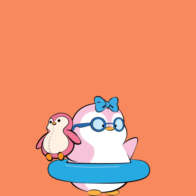 A cute cartoon illustration shows a chubby pink and white penguin wearing blue round glasses and a blue bow on its head, sitting on a blue inner tube and holding a smaller pink and white penguin plush, set against a solid orange background.