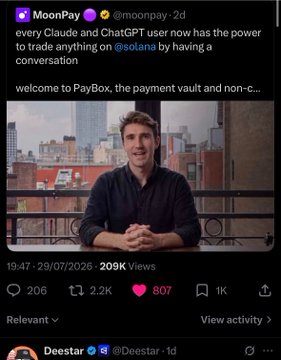 This image shows a tweet from MoonPay announcing the ability for Claude and ChatGPT users to trade on Solana via a conversation, referencing PayBox. It directly relates to the post's mention of MoonPay airdrops and PayBox.