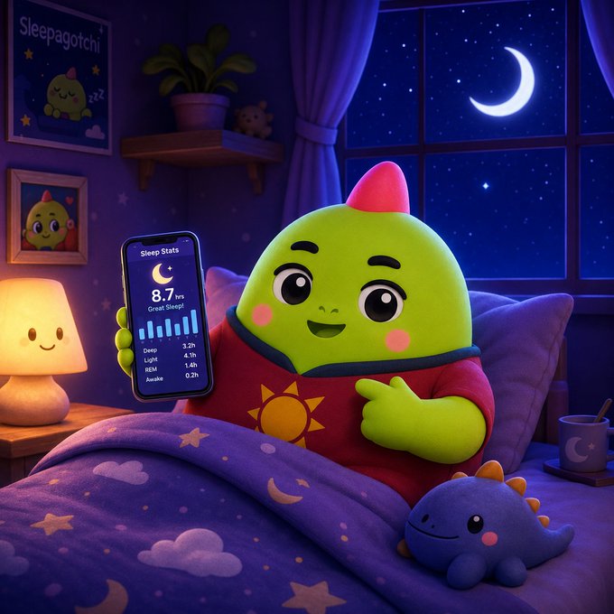 A cartoon green monster holding a cell phone that displays "9.7" on its screen, sitting in bed next to a stuffed animal dinosaur and potted plant. The post suggests that the use of the app, @nucleuscodes, can help improve sleep habits by logging rest duration, quality, and other personal information.