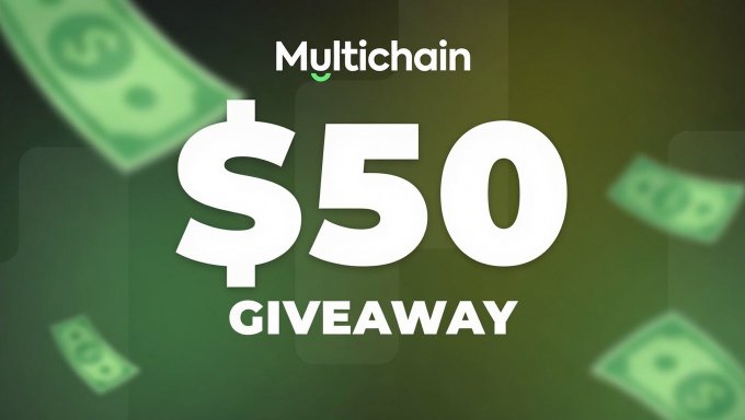 A promotional graphic featuring a green background with floating dollar bills, displaying the "Multichain" logo at the top and bold white text reading "$50 GIVEAWAY" in the center, advertising a sponsored crypto giveaway contest for $50 in $SOL.