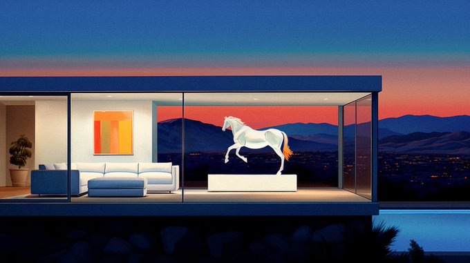 A modern glass-walled home at dusk showcases a glowing white horse sculpture beside a white sectional sofa, with a colorful sunset and mountain landscape in the background.