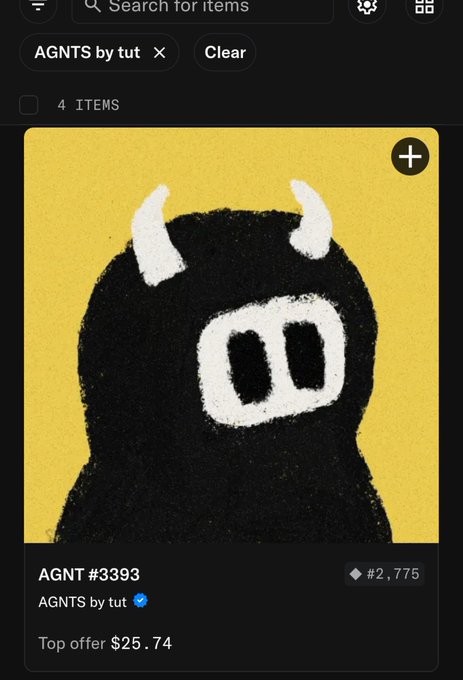 A mobile app screen displays an NFT marketplace listing for 'AGNT #3393' from the 'AGNTS by tut' collection, featuring a black horned character on a yellow background with a top offer of $25.74.