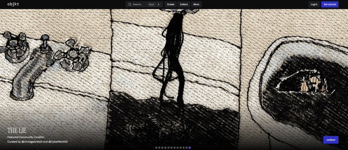 A screenshot of an objkt NFT gallery displaying a black and white illustration titled 'THE LIE' featured by Community Curation, created by @chedbightenight and @CheekMonk99.