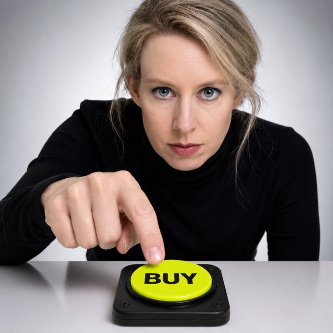 A serious-looking blonde woman in a black turtleneck points at a large yellow button labeled 'BUY'.