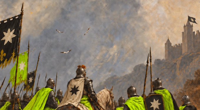 A medieval army with banners bearing eight-pointed stars and fleur-de-lis marches toward a castle under a cloudy sky. The image evokes themes of legacy, territory, and impending conquest, symbolizing how $Prologue is positioned as a strategic entry point into the $Fable TGE before the broader market catches up to FablesFi's growing volume and TVL.