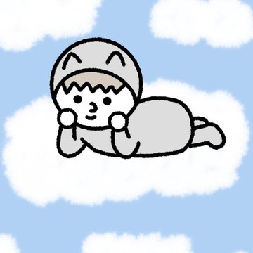 A cartoon character lies happily on a soft cloud against a blue sky, embodying the dreamy, relaxed vibe of the XRPL NFT collection by Ayano-san, while the #XRPLNFTJP hashtag ties the artwork to the growing Japanese community celebrating the cafe2.0 transition.