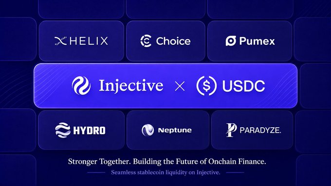 A promotional graphic for Injective featuring USDC partnership with logos of HELIX, Choice, Pumex, HYDRO, Neptune, and PARADYZE, captioned 'Stronger Together. Building the Future of Onchain Finance. Seamless stablecoin liquidity on Injective.'