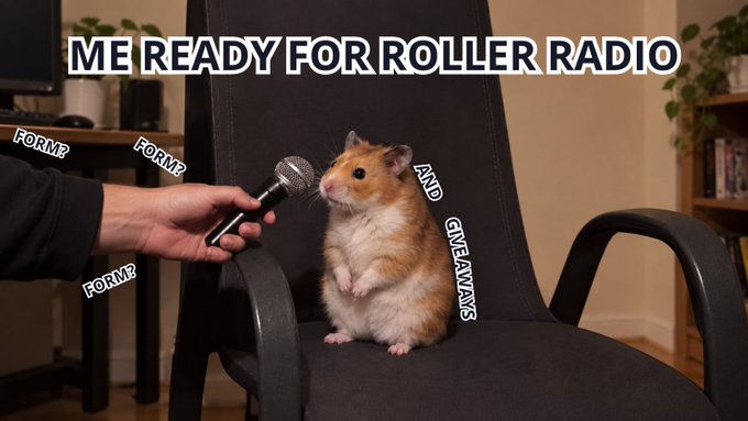 A meme image showing a hamster standing on a black office chair being interviewed with a microphone. The overlaid text reads 'ME READY FOR ROLLER RADIO' at the top, 'FORM?' repeated three times on the left, and 'AND GIVEAWAYS' on the right.