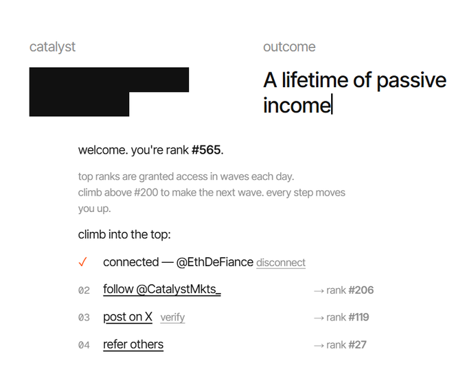 A 'catalyst' interface showing the user is ranked #565, with steps to climb the ranks including connecting @EthDeFiance, following @CatalystMkts, posting on X, and referring others to reach the top of the 'outcome' leaderboard for passive income.