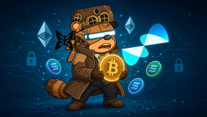 A steampunk-style raccoon explorer holds a glowing Bitcoin coin while surrounded by floating Ethereum and Solana logos, illustrating the concept of securing major cryptocurrencies through on-chain hash-based signatures without moving assets off their native chains.
