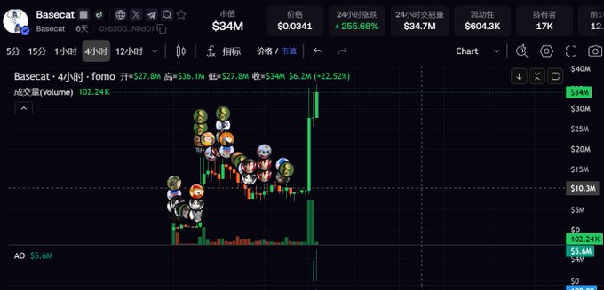 A 4-hour candlestick chart from a crypto/NFT tracking platform displaying the Basecat token with a market cap of $34M, a price of $0.0341, and a massive 255.68% 24-hour increase.