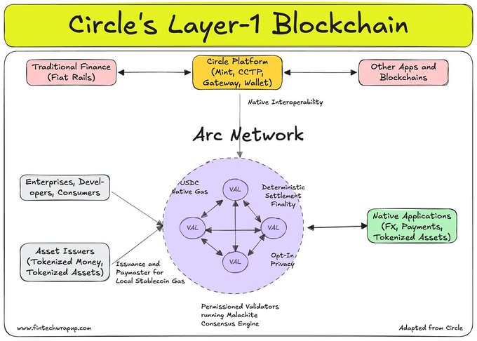 The image is an architectural diagram titled "Circle's Layer-1 Blockchain" that illustrates the Arc Network ecosystem, showing how Circle's platform components (Mint, CCTP, Gateway, Wallet) connect traditional finance and other apps to the Arc Network's permissioned validator network, featuring USDC as native gas, deterministic settlement finality, and opt-in privacy.

The diagram supports the post's discussion of Arc (Circle) as a hot stablecoin Layer-1 project, visually highlighting key technical features mentioned—such as USDC used for gas payments and MetaMask/swap compatibility—while showcasing Arc's native interoperability with the broader Circle platform for enterprises, asset issuers, and tokenized applications.