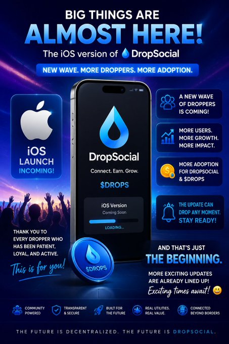 The image is a promotional graphic for the anticipated launch of the iOS version of DropSocial, a decentralized social media platform. It highlights the platform's mission with phrases such as "The future is decentralized, the future is DropSocial" and mentions features like "$DROPS" and the community's loyalty. 

It bolsters the expected benefits, including more users, growth, and adoption, while thanking the Droppers for their patience. The visual elements include a smartphone displaying the DropSocial logo and dollar coins labeled "$DROPS," suggesting a financial aspect to the platform's ecosystem.