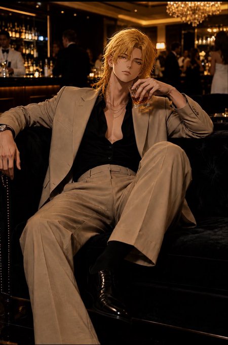 An anime-style illustration shows a blonde male character with a ponytail, dressed in a beige suit and open black shirt, lounging on a dark couch holding a glass of amber liquid in an upscale bar setting.