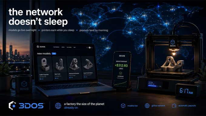 A promotional image for "3DOS" featuring a workspace with a laptop showing "new models," a smartphone displaying a payout of "+$312.60 USD" on a green chart, and a 3D printer actively working, all set against a glowing world map backdrop with the headline "the network doesn't sleep" and a clock reading "6:17 AM." The visual reinforces the caption's theme of a global, always-on network of 3D printers generating passive income around the clock.