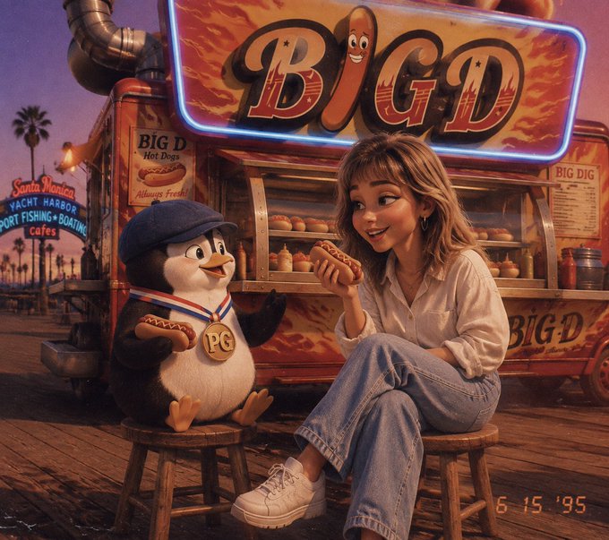 An illustration showing a young woman eating a hot dog while sitting on a stool next to a penguin mascot wearing a medal, with a 'BIG D' hot dog stand and a 'Santa Monica Yacht Harbor' sign in the background, dated '6 15 '95'.