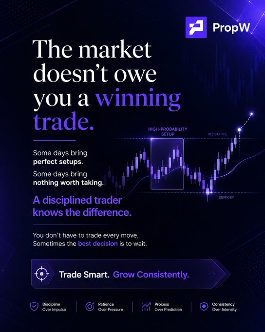 A PropW trading philosophy graphic stating 'The market doesn't owe you a winning trade,' emphasizing discipline, patience, and waiting for high-probability setups with the tagline 'Trade Smart. Grow Consistently.'