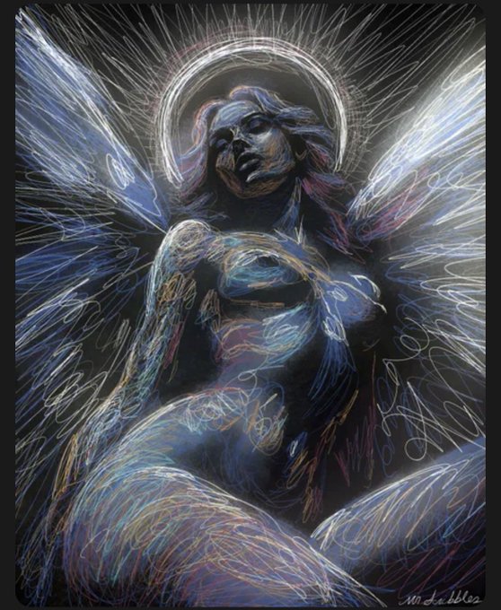 This digital artwork by @zacharymojica, titled "THE LIGHT I SEEK," depicts a celestial, winged female figure illuminated by a glowing halo. The ethereal, scribbled linework reflects the theme of searching for light, aligning with the post's caption: "[POV - currently still seeking]".