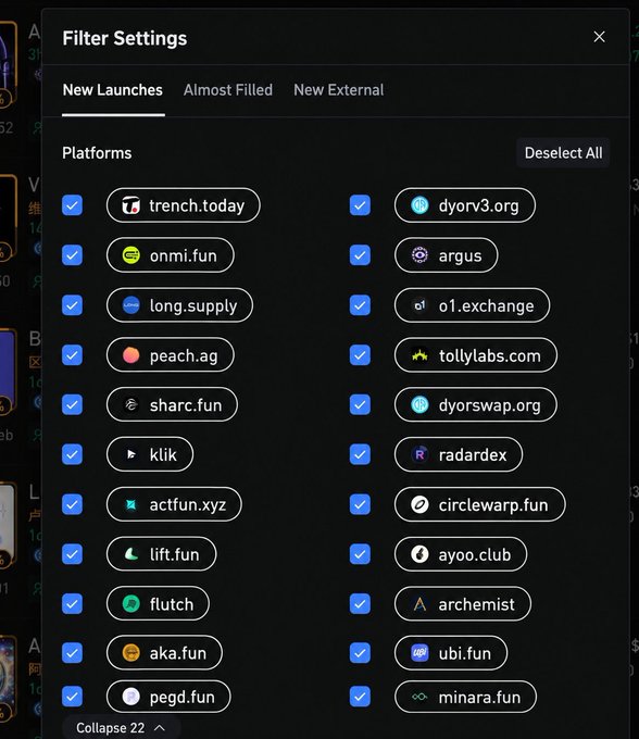 A "Filter Settings" panel displays the "New Launches" tab with 22 selected platforms, including trench.today, omni.fun, dyorv3.org, long.supply, argus, peach.ag, o1.exchange, sharc.fun, tollylabs.com, klik, dyorswap.org, radardex, actfun.xyz, circlewarp.fun, lift.fun, ayoo.club, flutch, archemist, aka.fun, ubi.fun, pegd.fun, and minara.fun. The image visually supports the post's claim of "Full coverage of 22 launchpads" for the Ave platform, which is ready for the ARC Mainnet launch on September 16.