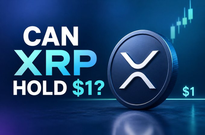 A bold graphic features the text "CAN XRP HOLD $1?" next to a metallic XRP coin, with a candlestick chart trending upward in the background and a "$1" price marker—visually echoing the post's discussion of XRP's recent dip to $1.01 and rebound to $1.04, while highlighting the market's uncertainty about whether it can sustain that level through August.
