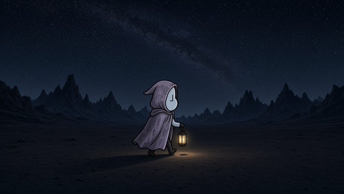 A whimsical illustration of a small cloaked figure carrying a lantern across a dark landscape under a starry sky with the Milky Way.