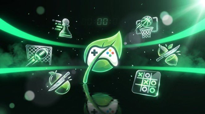A vibrant green digital wallpaper featuring gaming and sports icons including a chess piece, basketball, football, tennis, and tic-tac-toe arranged around a central game controller leaf design.