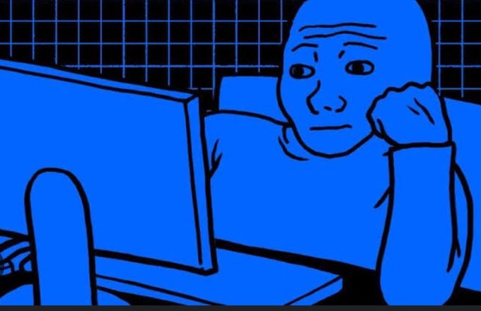 A blue-tinted cartoon illustration shows a man resting his head on his hand while staring blankly at a computer screen, conveying a weary or contemplative mood. This pairs with the "Bought the SOL dip" caption, humorously capturing the anxious, pensive feeling of holding through a crypto dip after buying the decline.