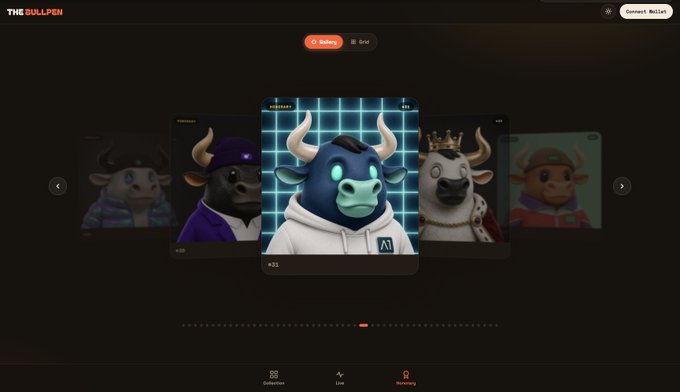 The image showcases "The Bullpen," an NFT collection gallery featuring a featured bull avatar (#31) labeled "AI" in a white hoodie, with other bulls displayed alongside (#48, #6), as part of the Bullprint.xyz project. The highlighted "AI" bull connects to the post celebrating community support from the $ANSEM army, symbolizing pride in the project's growth and resilience through difficult times.