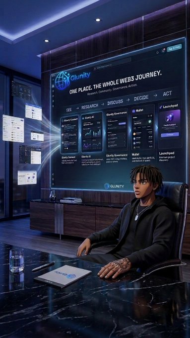 A person sitting at a sleek desk facing a large interactive screen displaying a 'Glunity' platform presentation titled 'ONE PLACE. THE WHOLE WEB3 JOURNEY.'