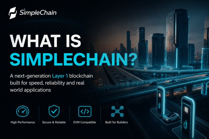 A promotional graphic asking 'WHAT IS SIMPLECHAIN?' describing it as a 'next-generation Layer 1 blockchain' with features including High Performance, Secure & Reliable, EVM Compatible, and Built for Builders, set against a futuristic cityscape.