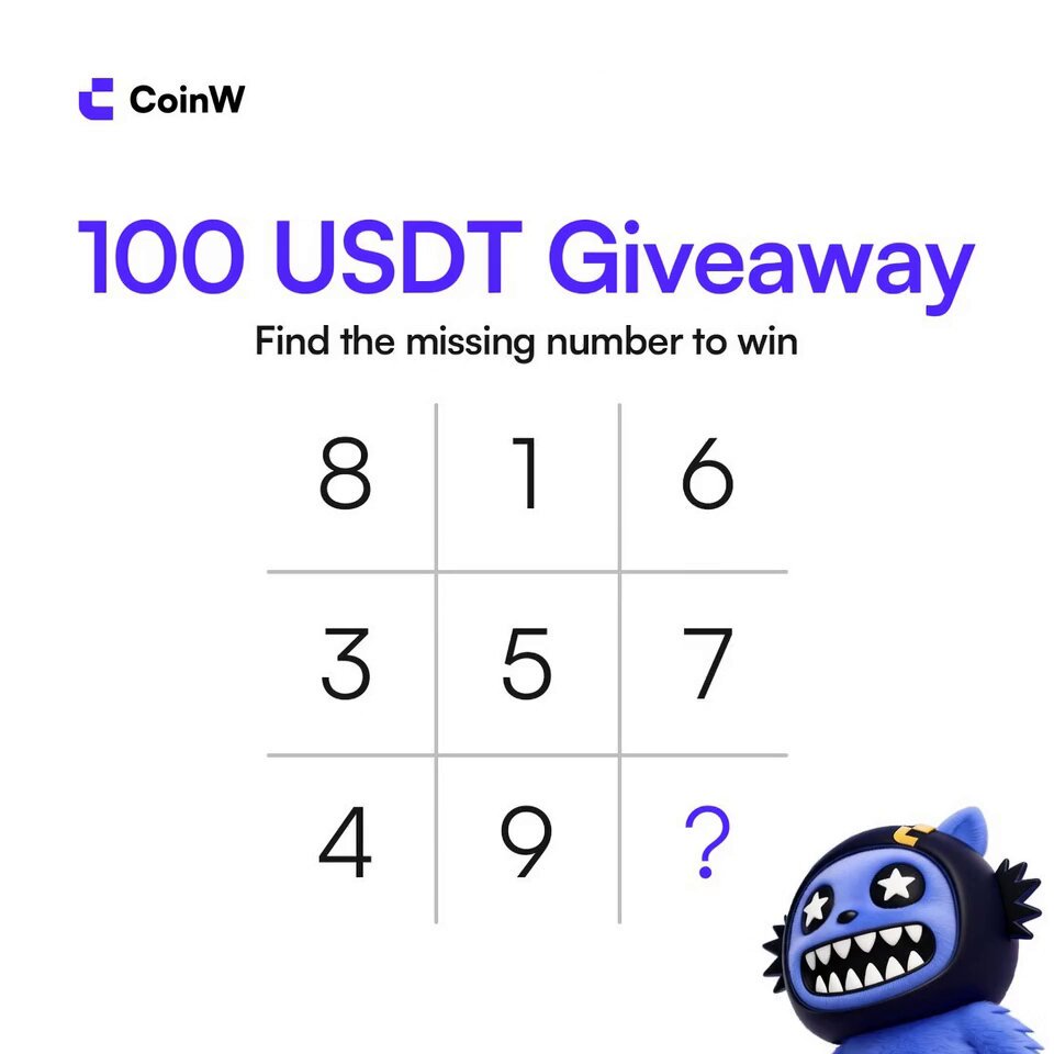 The image features a square puzzle with numbers from 1 through 9, along with a blue monster head that appears to be smiling at the viewer. The text above the puzzle reads "100 USDT Giveaway" and below the puzzle says "Find the missing number to win". The monster head is positioned in front of the puzzle, as if it's trying to solve the puzzle or pointing towards the numbers on the puzzle.