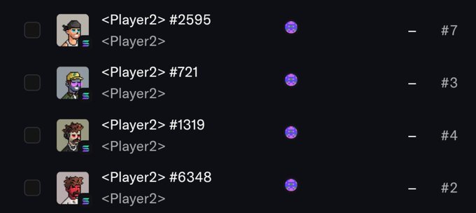 A dark-themed list of four players all named "<Player2>" with unique ID numbers (#2595, #721, #1319, #6348) and rank indicators (#7, #3, #4, #2).