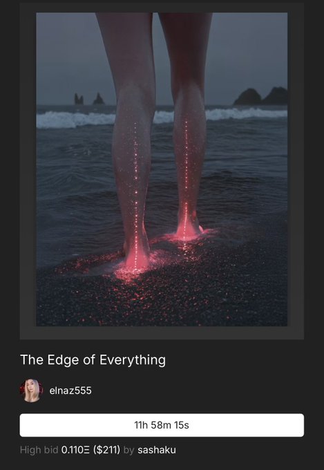 An NFT auction page for an artwork titled 'The Edge of Everything' by elnaz555, showing a pair of glowing, wet legs standing in dark water, with a high bid of 0.110 ETH ($211) by sashaku.