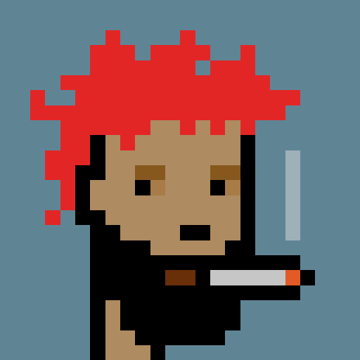 A pixel art illustration depicts a character with bright red spiky hair smoking a cigarette against a blue background.