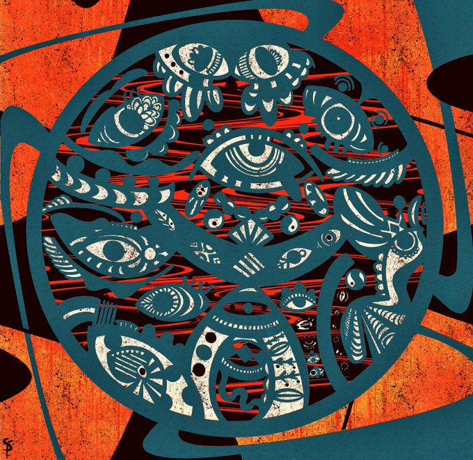 An abstract artwork featuring a circular design with stylized eyes, fish, and creatures in teal and white over a red and orange textured background.