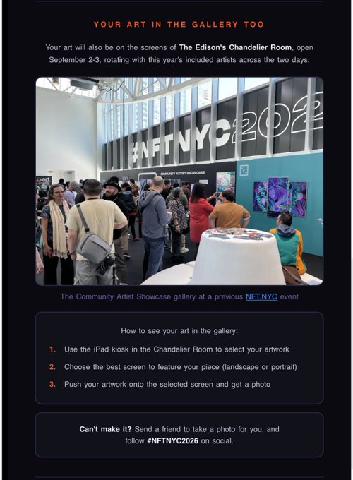 A promotional graphic for an NFT event titled 'YOUR ART IN THE GALLERY TOO', showing a photo of attendees at 'The Community Artist Showcase gallery at a previous NFT.NYC event' with '#NFTNYC2025' displayed.