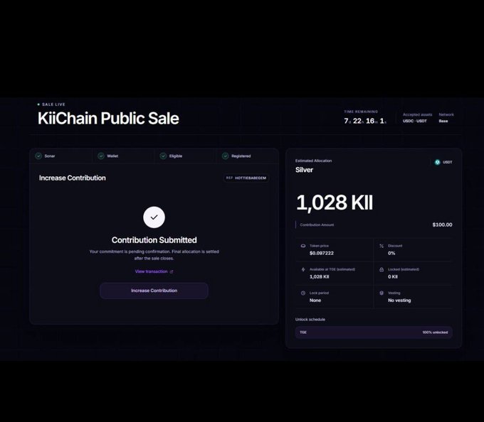 The image shows the KiiChain Public Sale interface, displaying a "Contribution Submitted" status with details about an allocation of 1,028 KII tokens. This directly relates to the $KII claiming event mentioned in the post, as it visually represents a successful contribution to the sale.