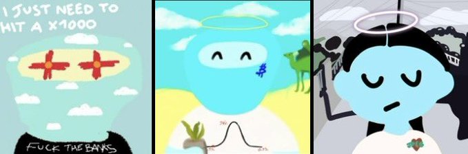 A three-panel comic featuring a blue cartoon character, with the first panel reading 'I JUST NEED TO HIT A X1000 FUCK THE BANKS' and depicting money signs and a bell curve, followed by images of the character with happy and peaceful expressions.
