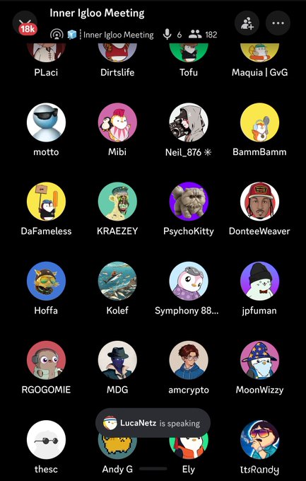 A screenshot of a Discord voice channel called 'Inner Igloo Meeting' with 182 members, showing a grid of various user avatars with display names including PLaci, Dirtstife, Tofu, Maquila, motto, and others.