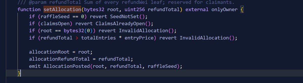 A Solidity smart contract function `setAllocation` that validates inputs (raffle seed, claims state, root hash, and refund total) before storing an allocation root and emitting an `AllocationPosted` event. The code relates to a crypto raffle/lottery system where the user fears their 0.09 ETH entry may be lost or unclaimable, possibly due to a stuck or misconfigured allocation process.
